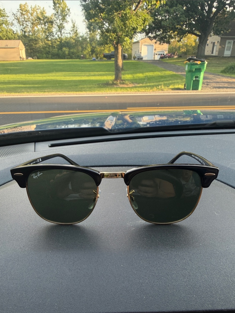 Ray-Ban Clubmaster Sunglasses - Black Frame with Gold Trim and Green Lenses